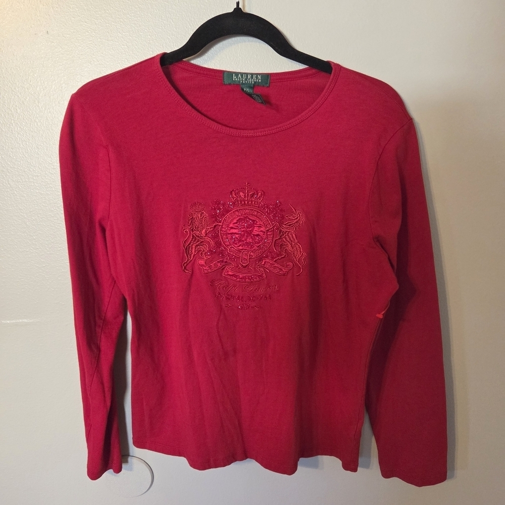 Ralph Lauren Womens Preppy Classic Embroidered & Beaded Crest Logo Shirt. Sz L